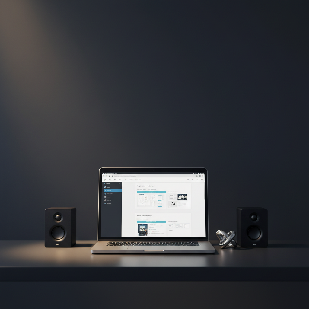 A stylized "portrait" of Anthony Carey represented by a sophisticated, minimalist workspace: a single high-end laptop displaying a clean intranet UX project overview, flanked by a pair of simple black speakers and a small, sculptural desk object that symbolizes creativity. The background is a smooth, dark wall with a faint gradient, free of distractions. A narrow beam of soft studio light illuminates the laptop and desk surface, creating dramatic contrast and gentle reflections on the metal finish. Framed in centered composition at eye level with shallow depth of field, the workspace becomes a non-human stand-in portrait. The mood is confident, focused, and distinctly professional, in crisp photographic realism.