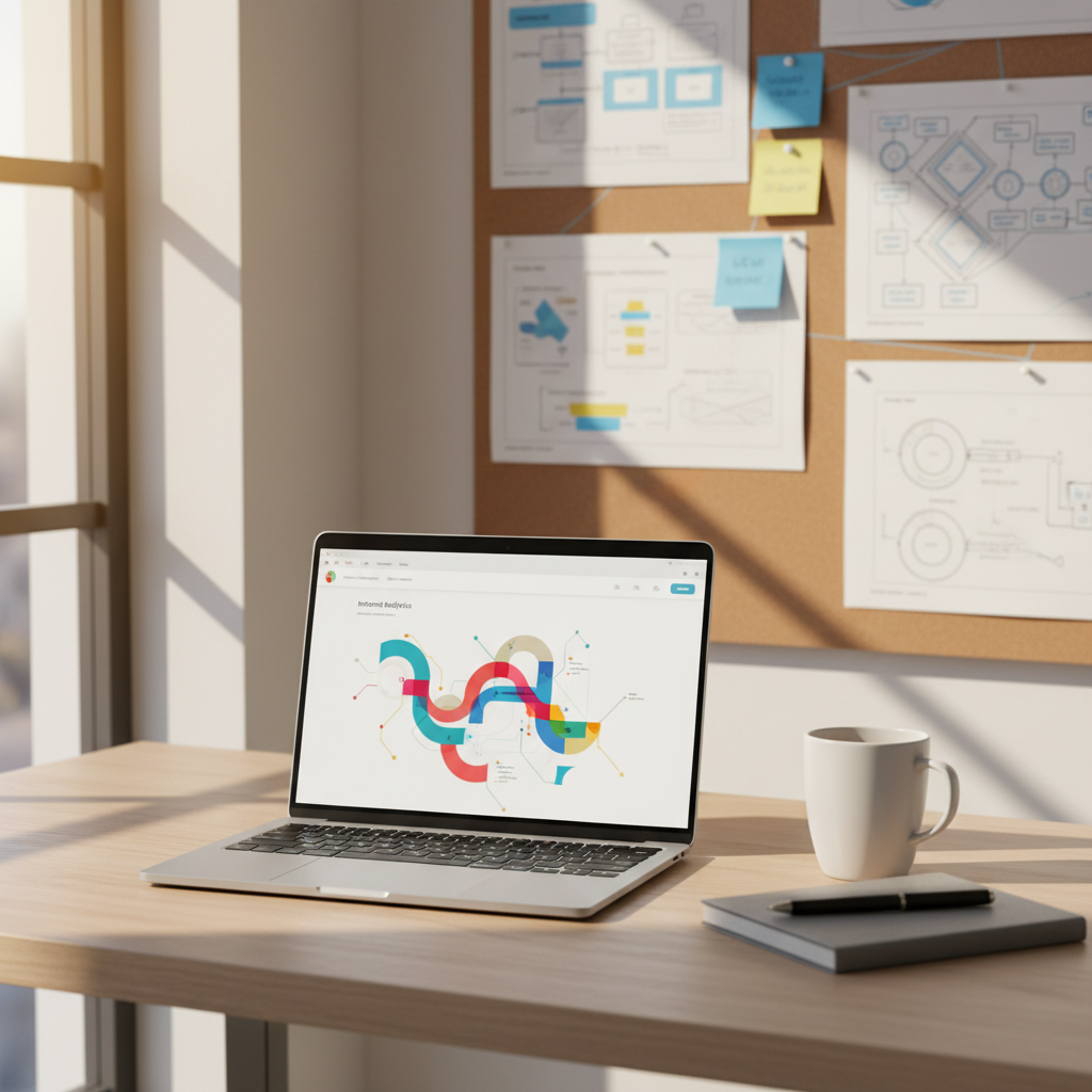 A professional workspace with a laptop open to an intranet analytics dashboard, showing abstract charts and graphs with no legible text, alongside printed UX flow diagrams and sitemap sketches pinned on a corkboard wall in the background. A neutral-toned desk surface holds a simple, modern mug and a closed notebook, reinforcing a real working environment. Warm afternoon light filters in from the side, casting elongated, soft shadows and adding a subtle golden tint to the scene. Captured at eye level with moderate depth of field, the laptop and immediate desk items are in sharp focus while the wall fades slightly out of focus. The mood is thoughtful and data-driven, rendered in realistic photographic style.