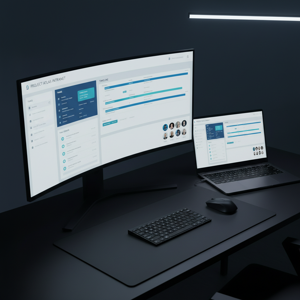 A curved ultrawide monitor displaying a complex intranet project management dashboard, with multiple panels for tasks, timelines, and team spaces, designed using a restrained blue, teal, and white color palette. Beside it, a secondary laptop shows a different phase of the same UX project, such as simplified wireframe-style layouts. A matte black desk and minimal peripherals keep the focus on the screens. Cool, even ambient lighting from an overhead source minimizes reflections, while a subtle glow from the screens lights the desk surface. Shot from a slight diagonal angle with deep focus, the image feels modern, organized, and high-tech, ideal for showcasing multi-project intranet UX work in a portfolio.