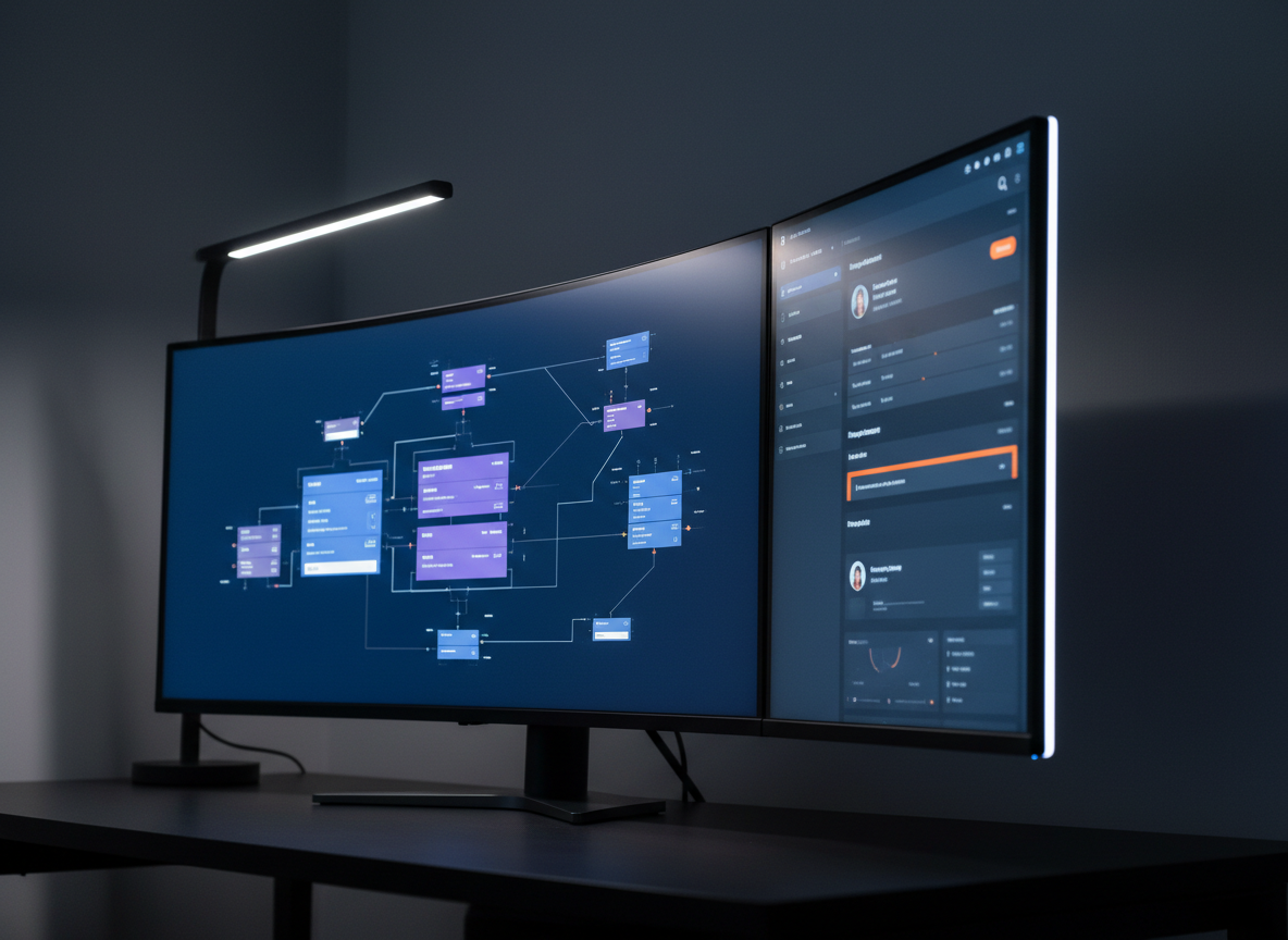 A sleek desktop setup featuring a large monitor showing a detailed intranet information architecture diagram made of abstract boxes and connecting lines without any readable text, alongside a second monitor displaying a high-fidelity UI mockup of an internal company portal. A dark, minimal desk surface contrasts with the bright interfaces. Cool, directional LED task lighting highlights the edges of the monitors, creating subtle rim light and soft shadows behind the hardware. Shot from a low, slightly off-center angle to give depth, with strong perspective lines leading toward the screens. The mood is technical, strategic, and forward-thinking, captured in clean photographic realism for a section about intranet management and UX strategy.