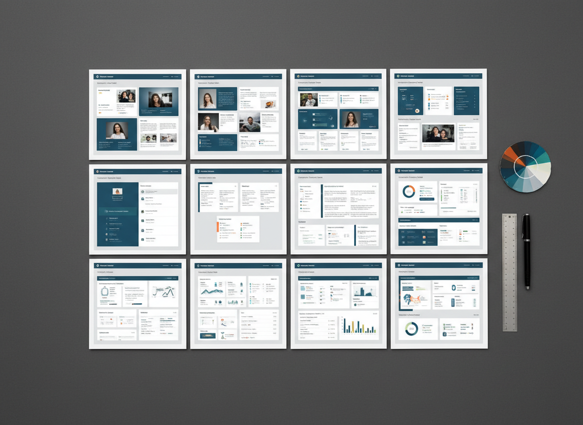 A carefully arranged grid of printed, text-free intranet interface mockups spread across a dark gray tabletop, each page showing distinct layouts for news feeds, knowledge bases, and internal dashboards in a consistent corporate color scheme. Nearby, color swatches, a ruler, and a closed pen hint at UX design decisions without human presence. Overhead studio lighting provides even, shadow-free illumination, making every layout element clearly visible. Captured from a true top-down, bird’s-eye perspective, the composition is symmetrical and meticulously ordered, evoking methodical process and attention to detail. The atmosphere is precise, organized, and confidently professional, rendered in crisp photographic realism, perfect for visualizing an intranet design portfolio process.