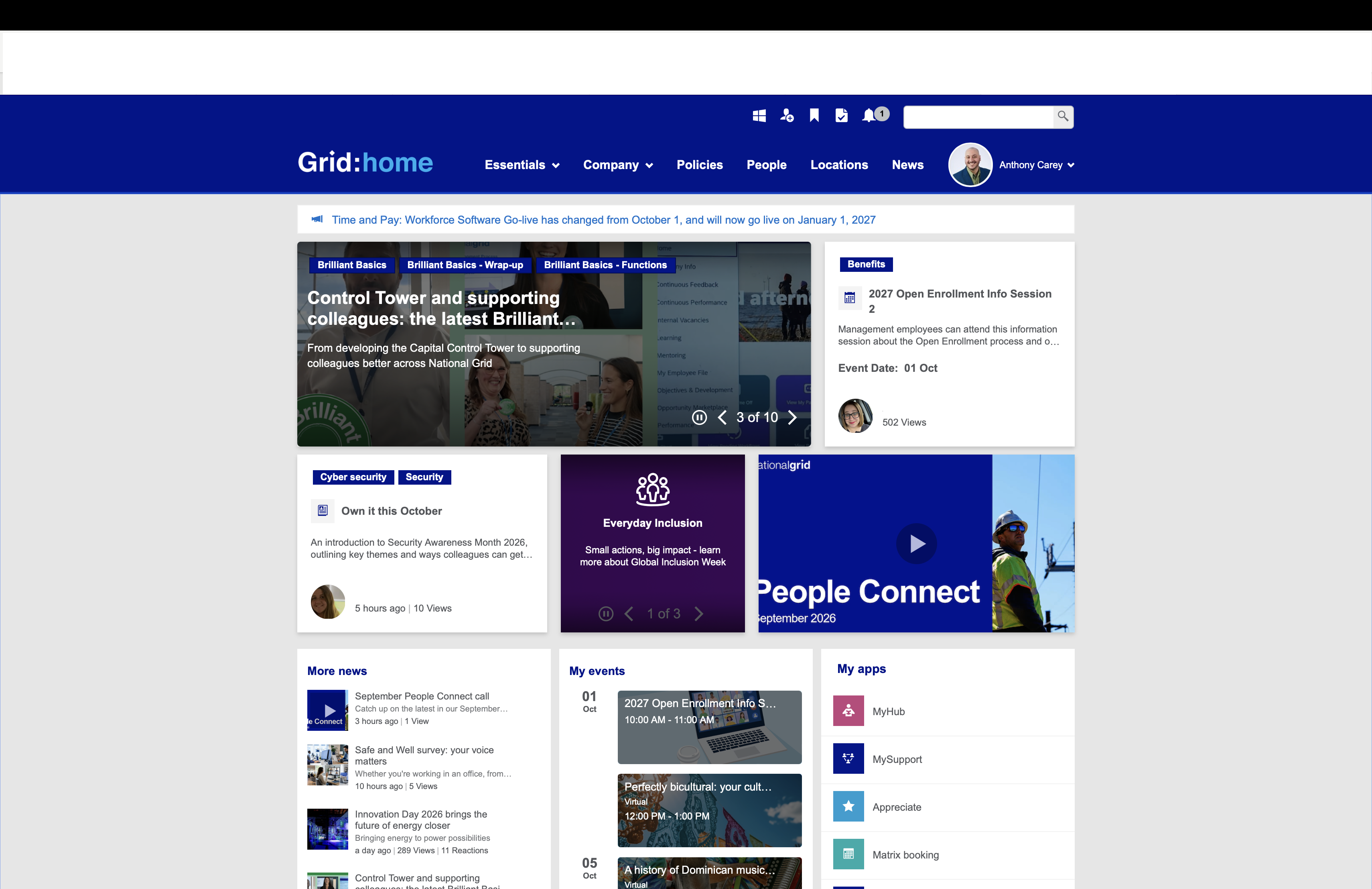 Grid:home intranet homepage showing news, benefits, events, and employee apps.