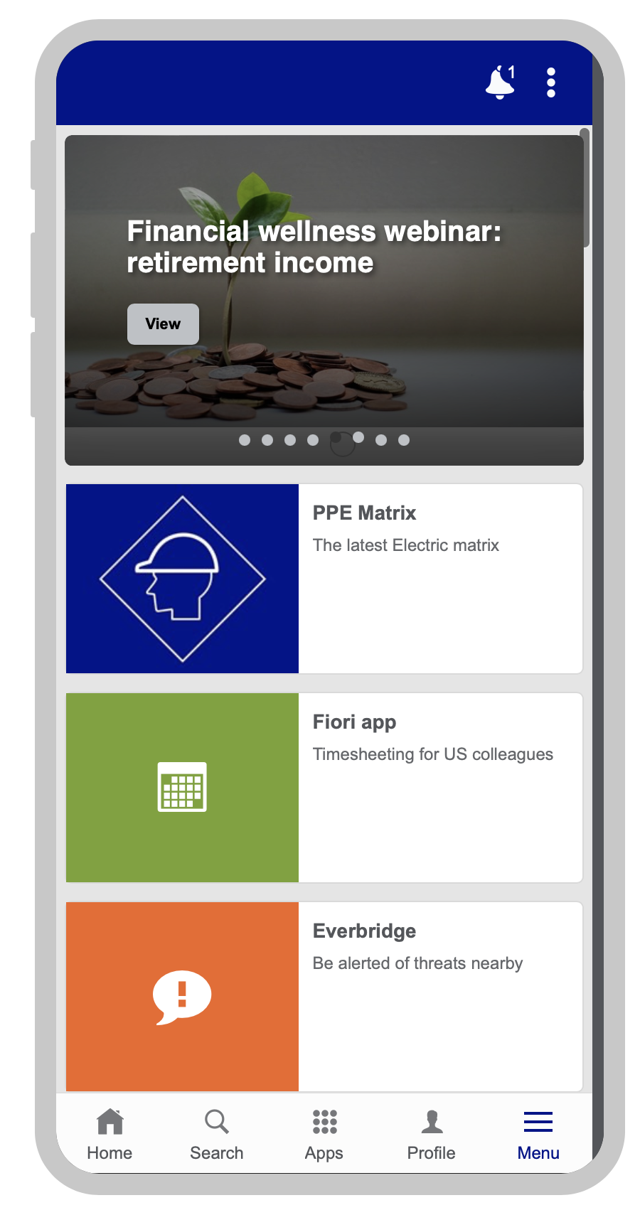 Mobile-responsive Grid:home companion app showing field-worker resources, news, and employee tools.